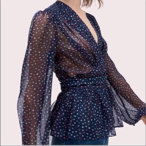 Kate Spade Kiss Navy Sheer Waist Tie Blouse